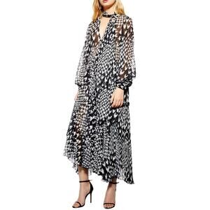 Topshop Black and White Houndstooth Tie Neck Semi Sheer Flowy Midi Dress Size 8